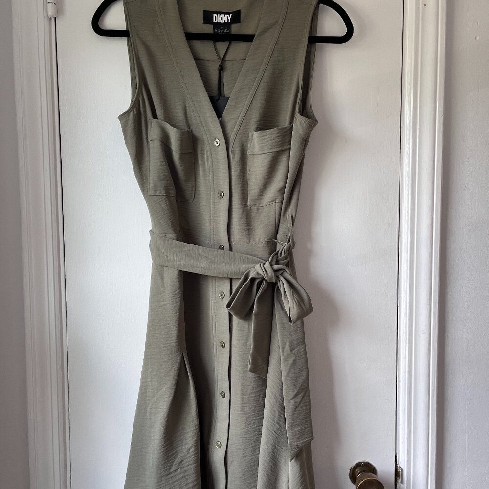 DKNY Knee-Length Olive Fit and Flare Button Front Tie Waist Dress